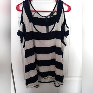 Women's plus size 3x blue and cream color striped blouse with peekaboo shoulders